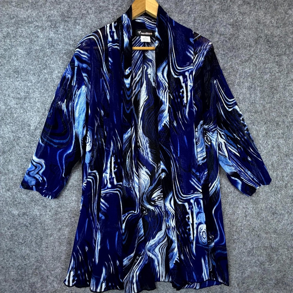 Creation Cardigan Jacket Womens 3X Blue Black Wave Print Artsy Abstract Open 90s